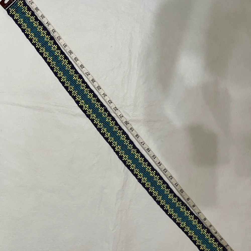 Stretchy Wide Blue Yellow /Green Beaded Wood Buckle Belt